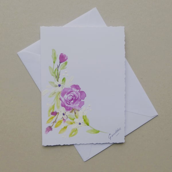 hand painted rose blank greetings card ( ref FA 34 G6  )