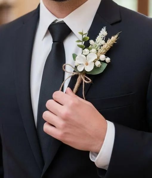 Artificial Buttonhole: Ivory White Flowers, Lily of the Valley, Wheat, Twine