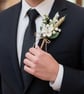 Artificial Buttonhole: Ivory White Flowers, Lily of the Valley, Wheat, Twine