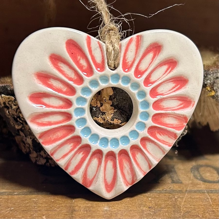 Perectly Imperfect Small Ceramic heart decoration with pink daisy