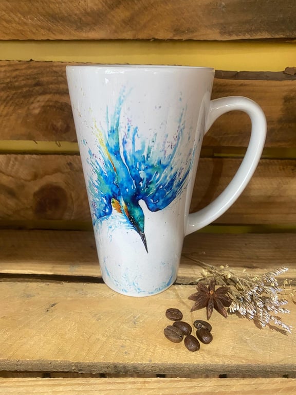 Kingfisher Latte Mug, 17oz Ceramic Coffee Mug, Colourful Wildlife Art Mugs by Wa