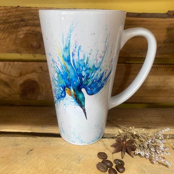 Kingfisher Latte Mug, 17oz Ceramic Coffee Mug, Colourful Wildlife Art Mugs by Wa