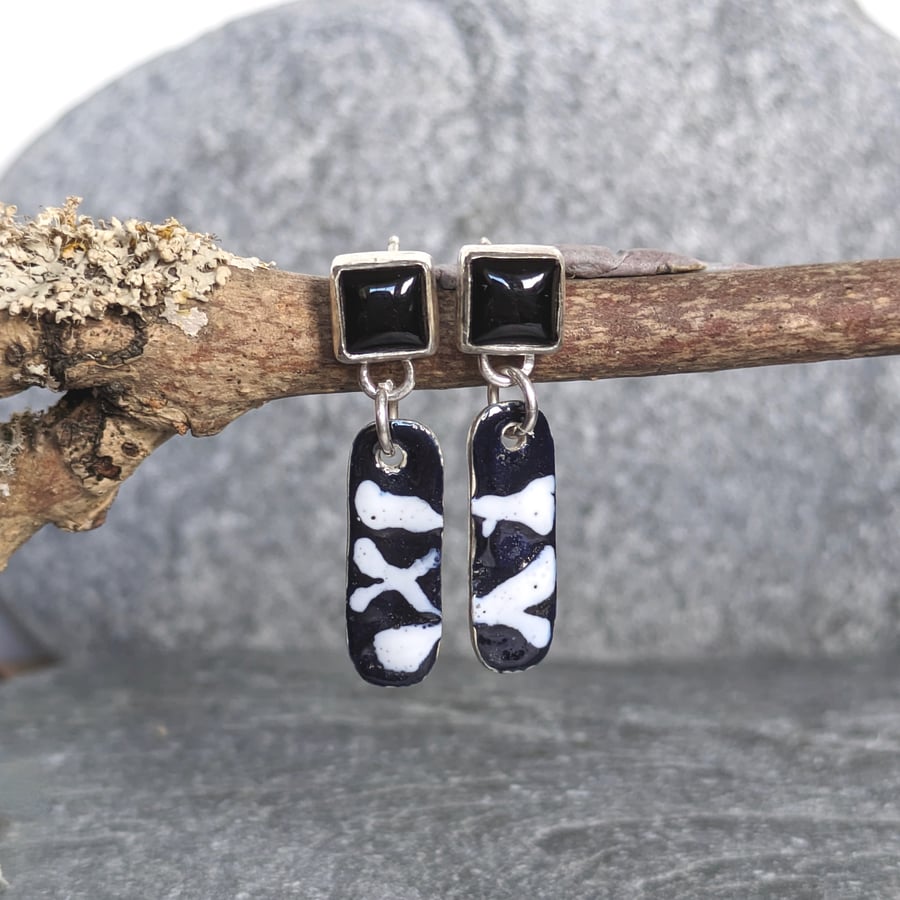 Black and white earrings, black enamel earrings, unique onyx gemstone earrings