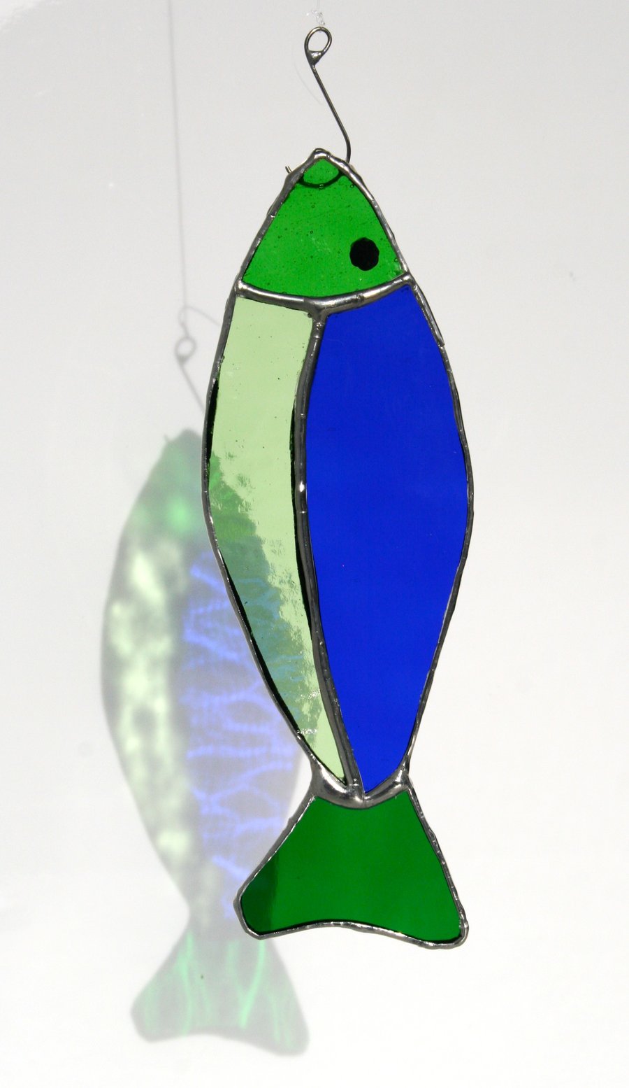 Handmade ‘Hooked’ stained glass fish on hook hanging suncatcher ornament