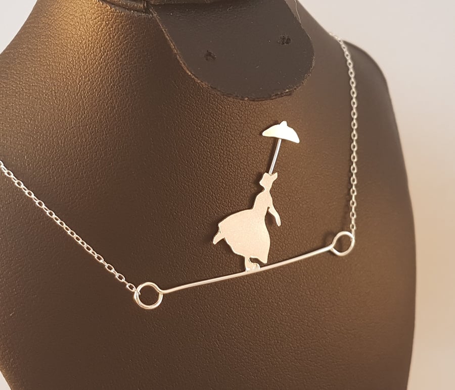Sterling Silver Tight Rope Walker With Umbrella Necklace