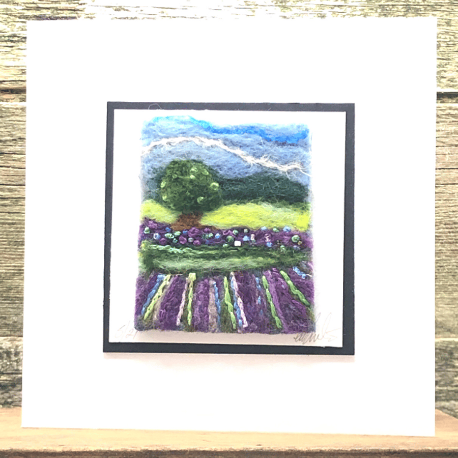 Greeting card landscape lavender felt painting letterbox gift fibre art