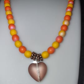 Gold Heart necklace with czech glass druk beads