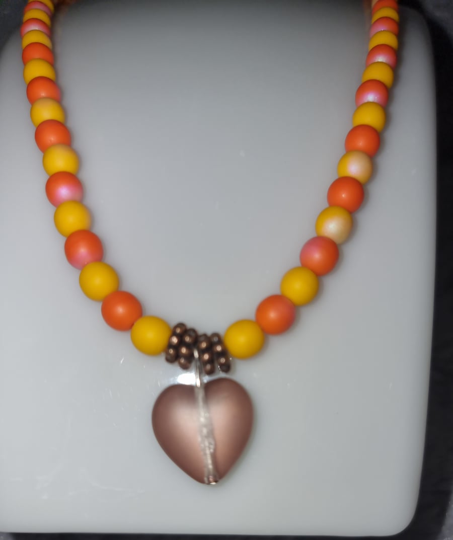 Gold Heart necklace with czech glass druk beads