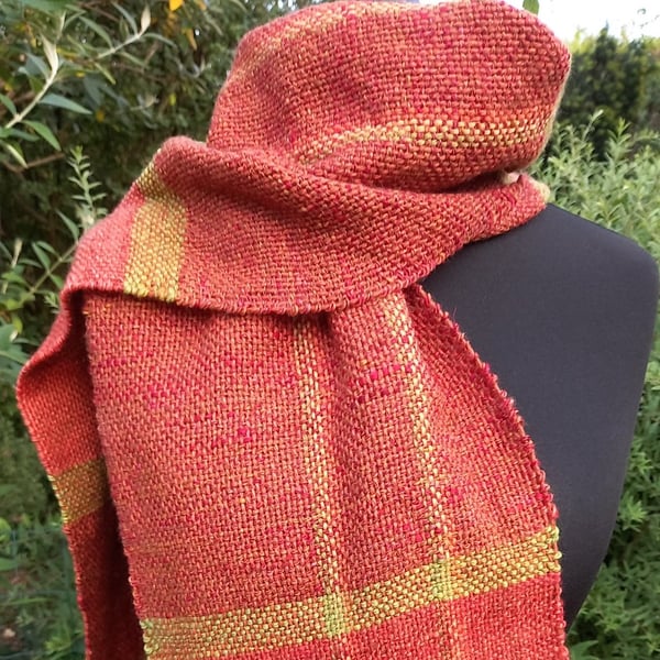 Handwoven Scarf in Reds, Orange and Green