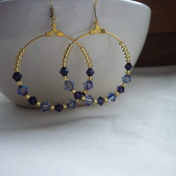 PURPLE, LILAC AND GOLD HOOP EARRINGS.  