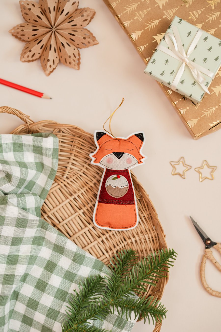 Embroidered Fox in Christmas Jumper Decoration