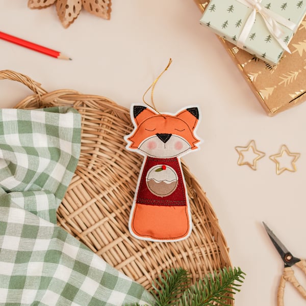 Embroidered Fox in Christmas Jumper Decoration