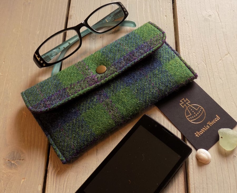 Harris Tweed phone pouch or glasses case in pea green, blue and violet