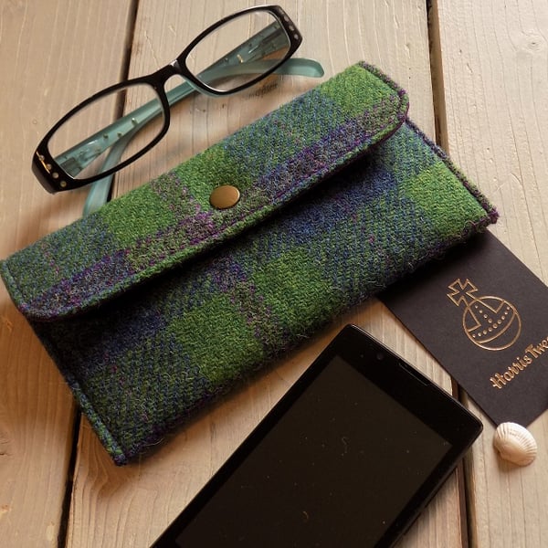 Harris Tweed phone pouch or glasses case in pea green, blue and violet