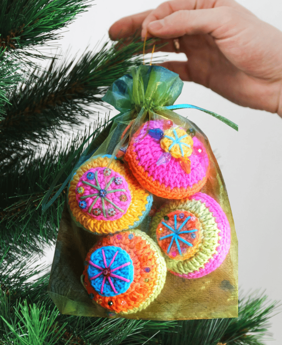 Colourful crochet boho Christmas tree decorations 