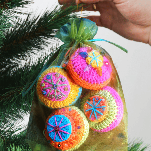 Colourful crochet boho Christmas tree decorations 