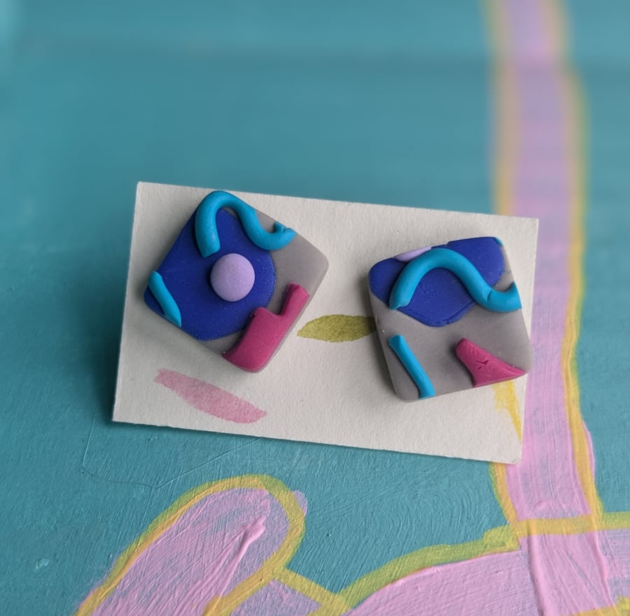 Square stud earrings, grey, blue pink and turquoise