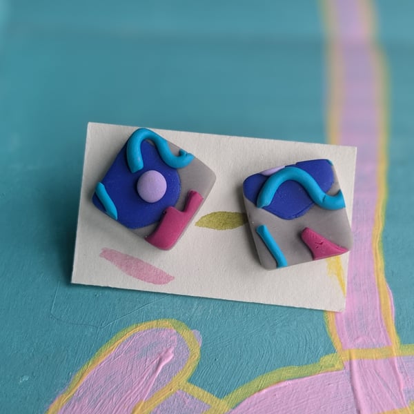 Square stud earrings, grey, blue pink and turquoise