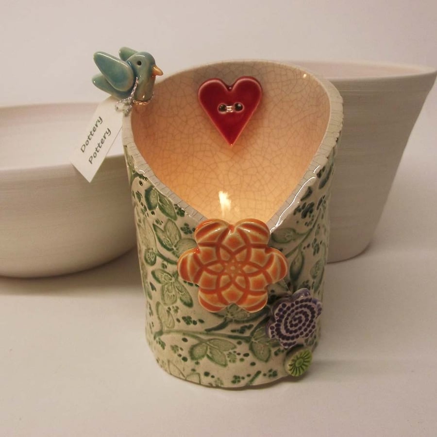 Spring flowers and bird ceramic candle holder pottery dish