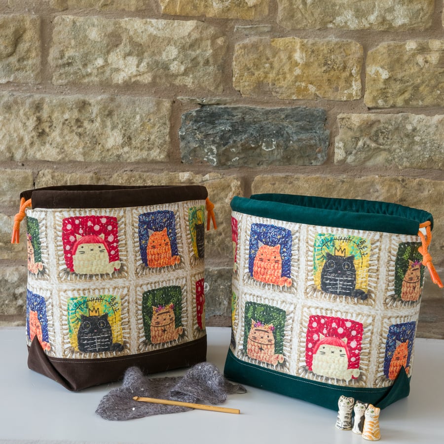 Project bag featuring cats and crochet - medium sized drawtring style