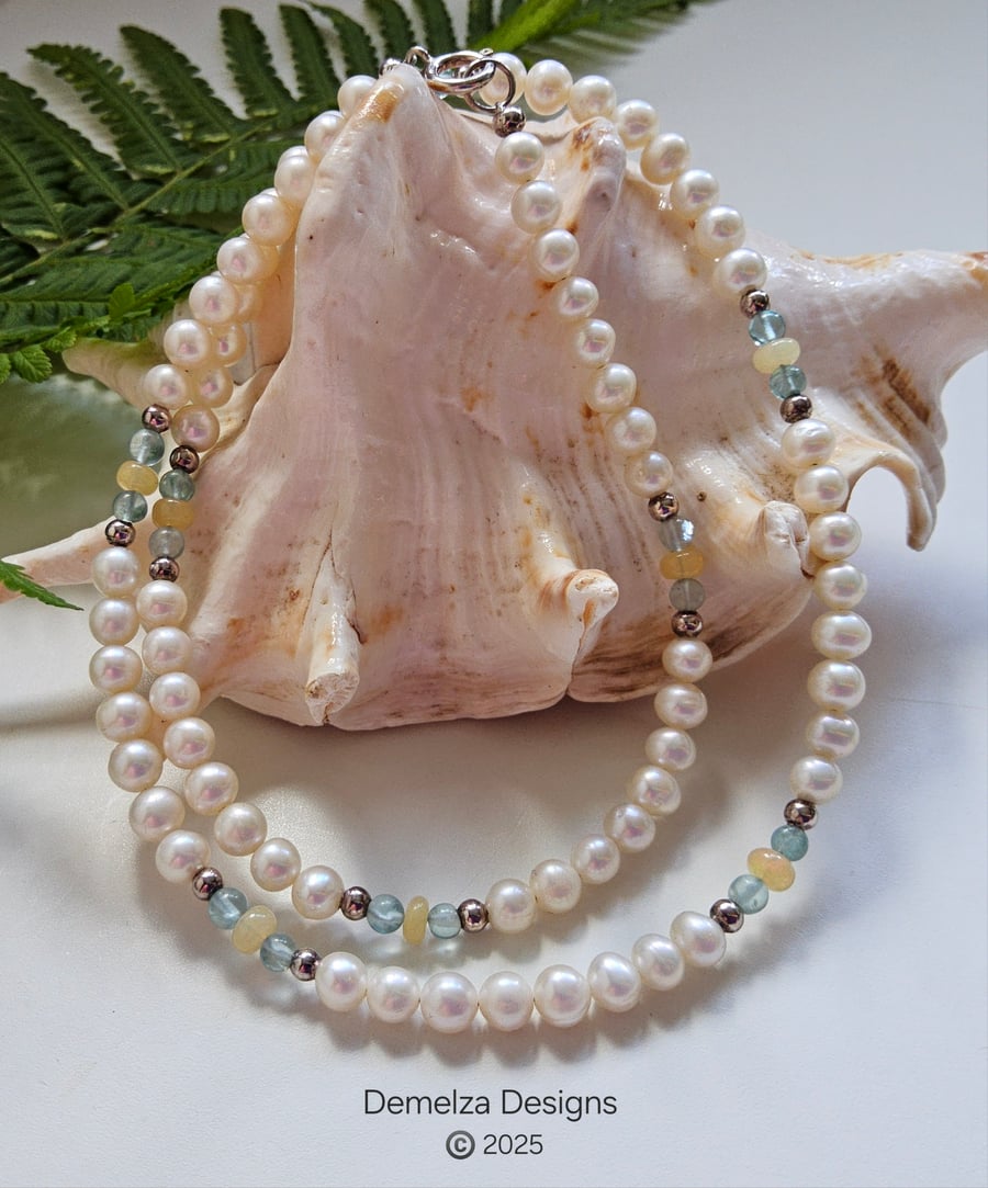 Designer Quality Freshwater Pearl, Apatite & Wello Opal Sterling Silver Necklace