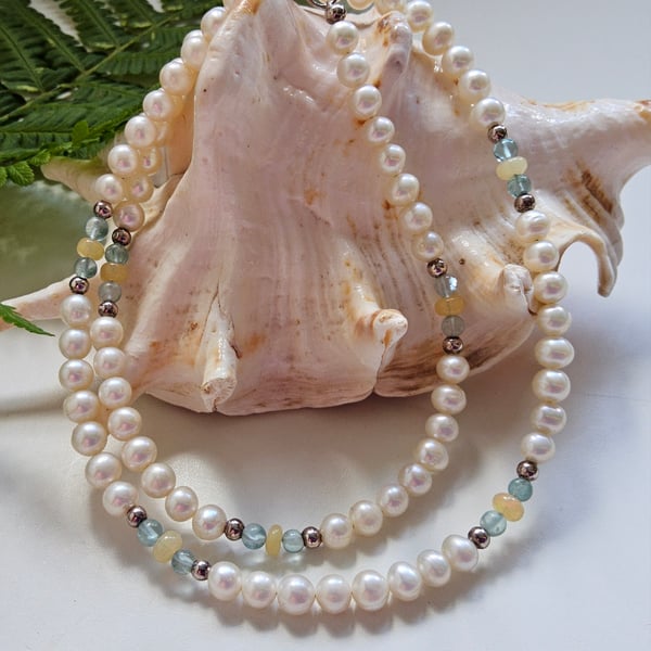 Designer Quality Freshwater Pearl, Apatite & Wello Opal Sterling Silver Necklace