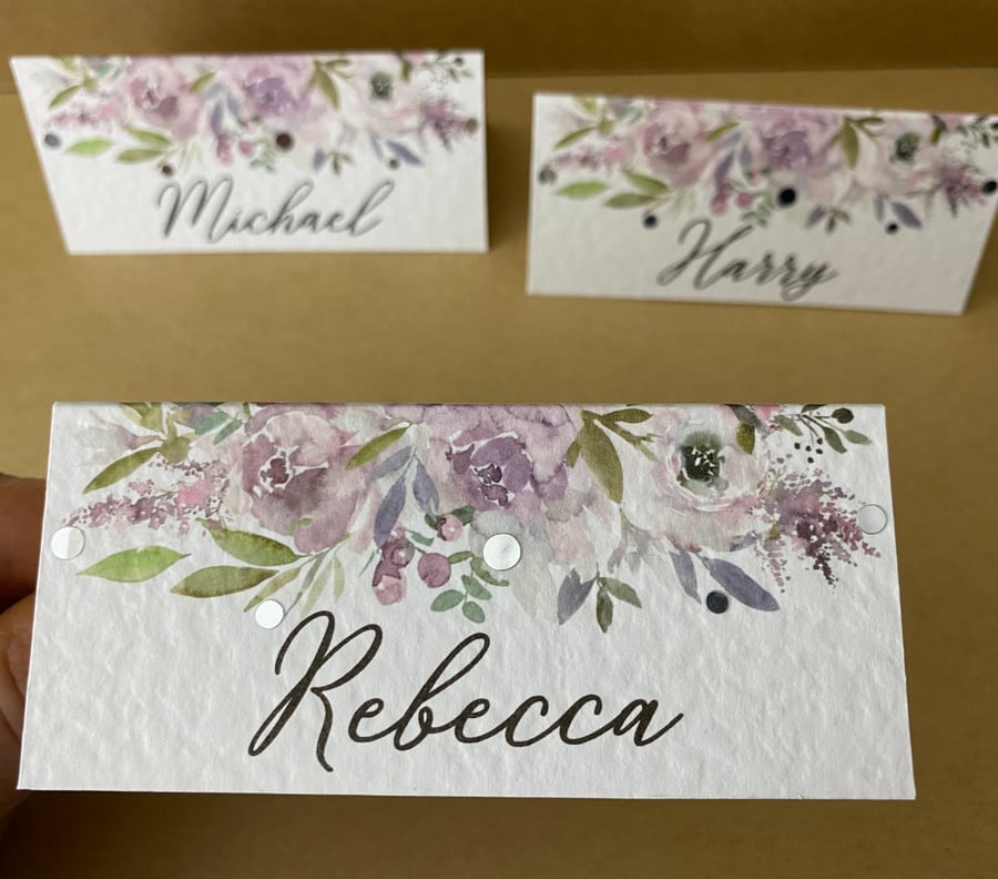 6x place CARDS dusty blush pink mauve flowers table foliage name wedding decor