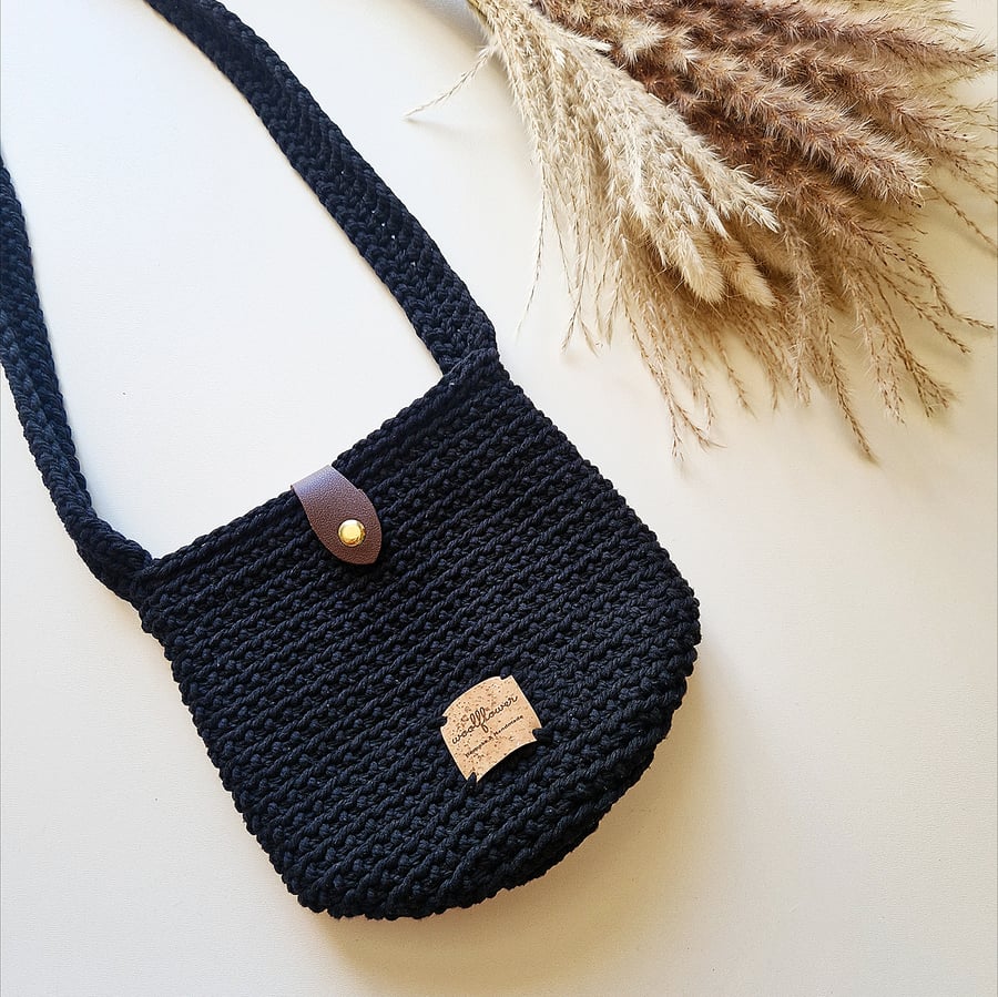 Small Crossbody Crochet Phone Bag in Black. Unique gift for her.  