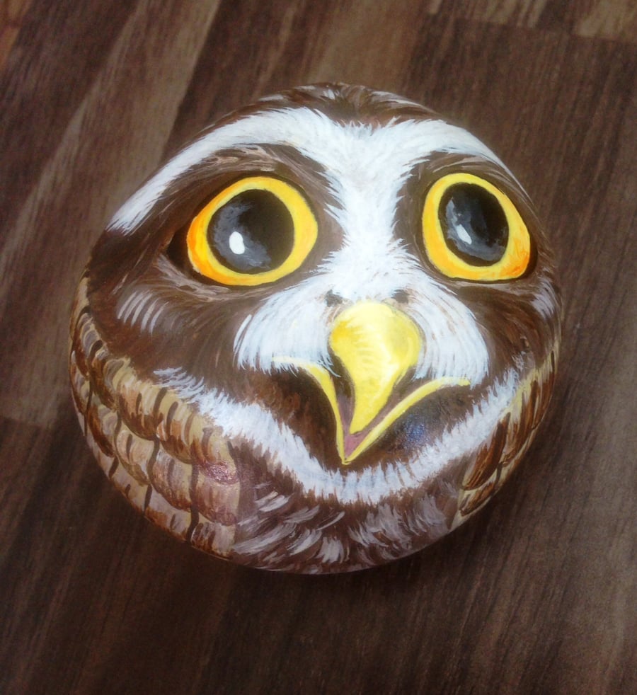 Owl hand painted on stone rock pebble pet