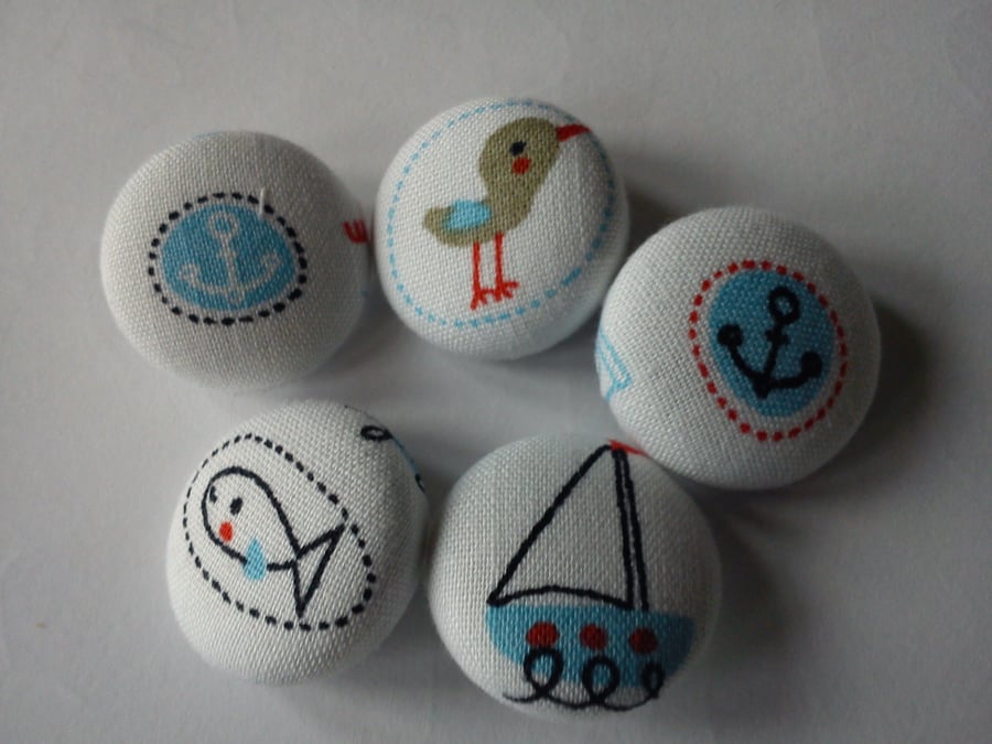Nautical Mix fabric covered buttons boats anchor duck fish