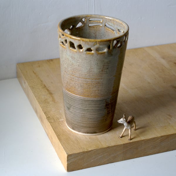 SALE - Handcrafted ceramic vase with tall V shape and lattice hand cut rim edge