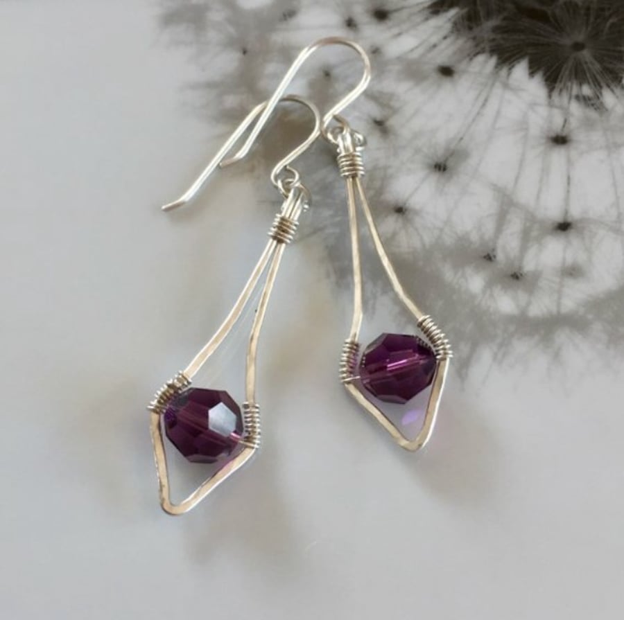 Sterling silver and swarovski crystal hammered earrings - Purple 