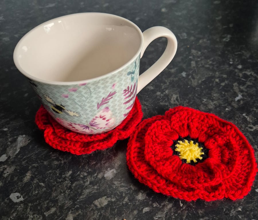 Poppy  crochet coffee coasters