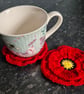 2 Handmade Poppy crochet coffee coasters - table decorations - letterbox gifts
