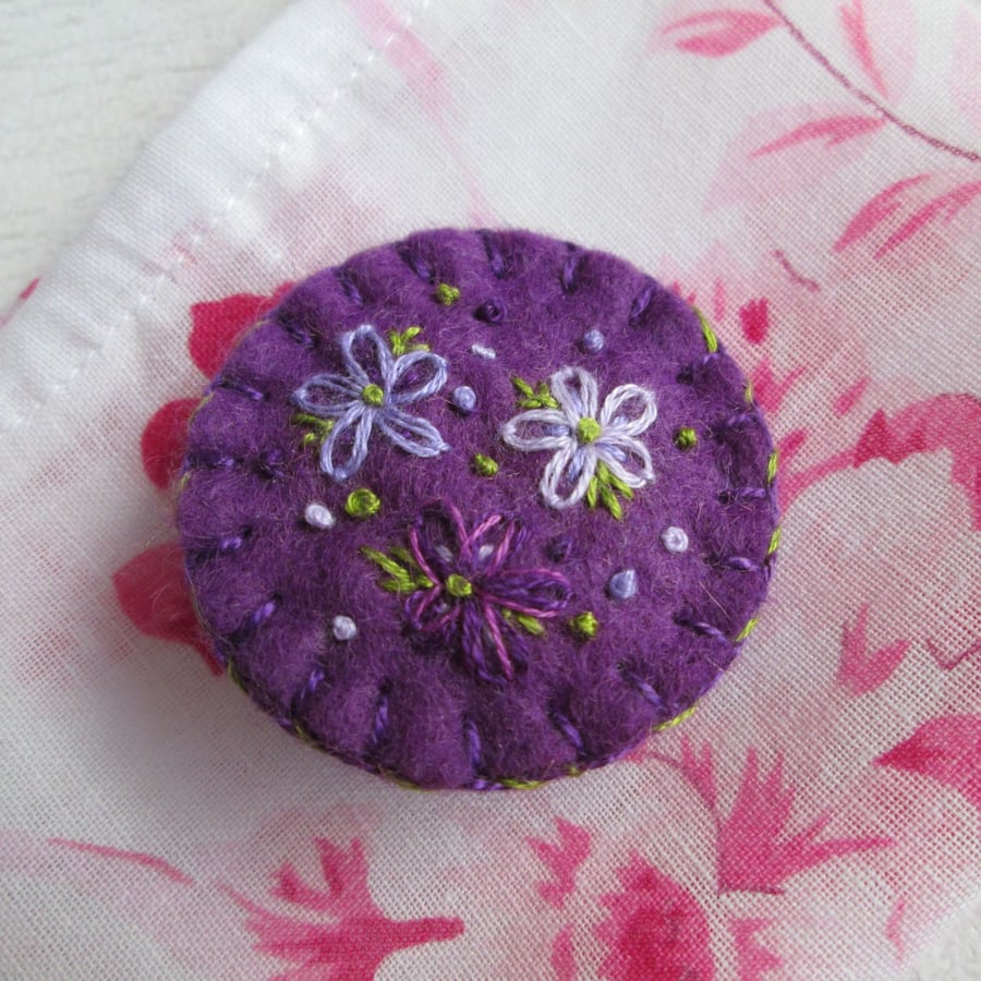 Hand Embroidered Floral Brooch on Purple Wool Felt