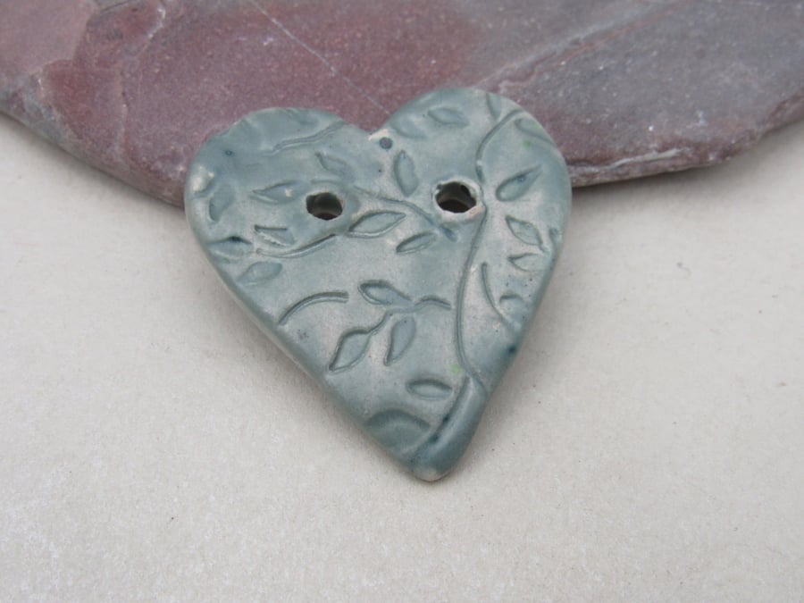 Medium Sage Leaf Sprig Texture Heart Shaped Ceramic Button