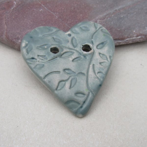 Medium Sage Leaf Sprig Texture Heart Shaped Ceramic Button