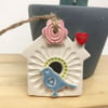 Small Ceramic bird house decoration Pottery bird house pink flower