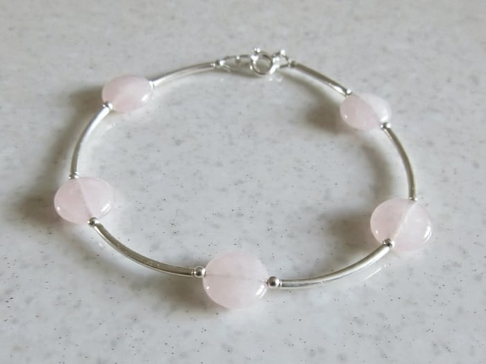 Rose Quartz Coins Bangle Bracelet With Sterling Silver Curved Tubes