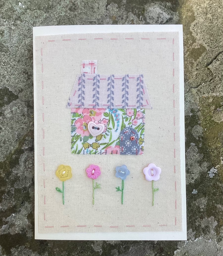 HAND EMBROIDERED GREETINGS CARD - Pastel Cottage