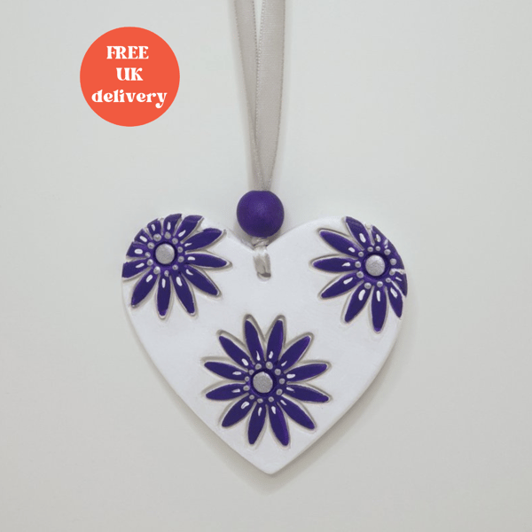 Floral heart clay hanging decoration, pretty gift for an anniversary, birthday 