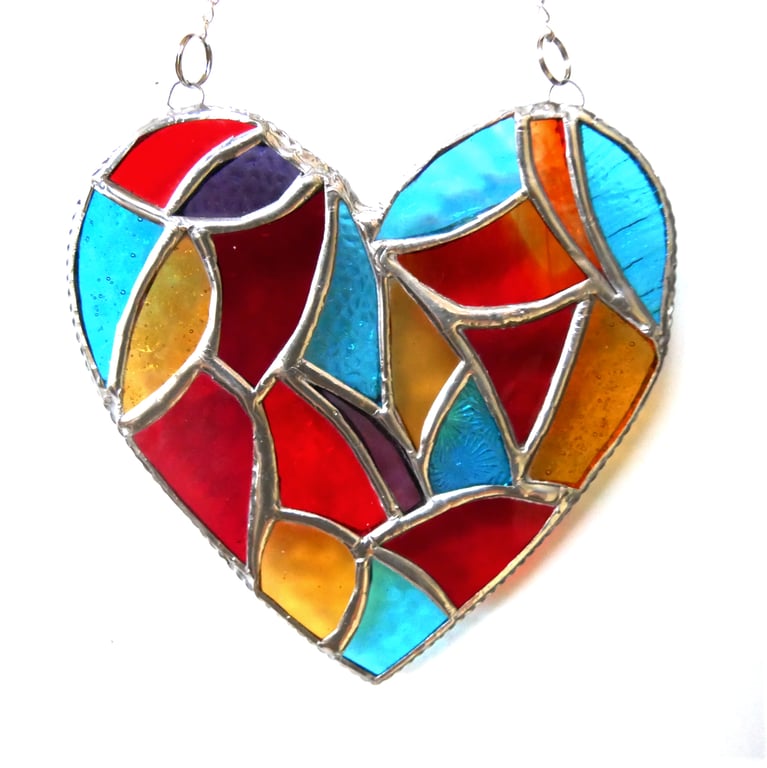 Seaside Beach Sunset Patchwork Heart Suncatcher Stained Glass Handmade 