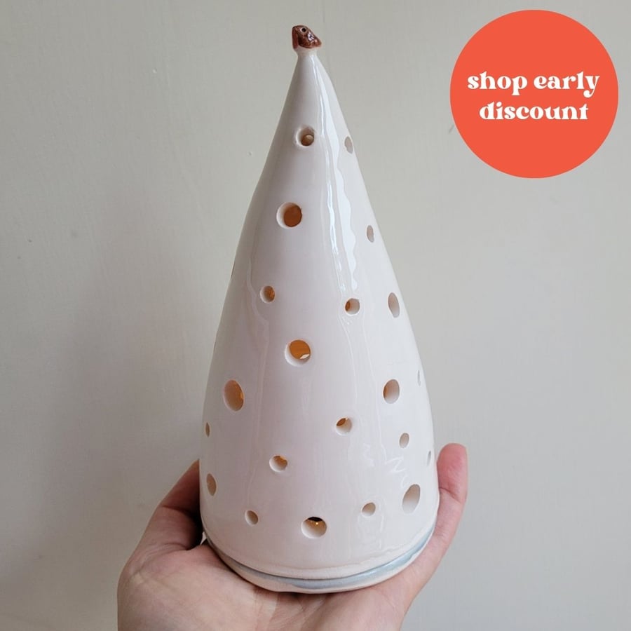 Ceramic white Christmas tree & robin tealight Handmade lantern candle holder
