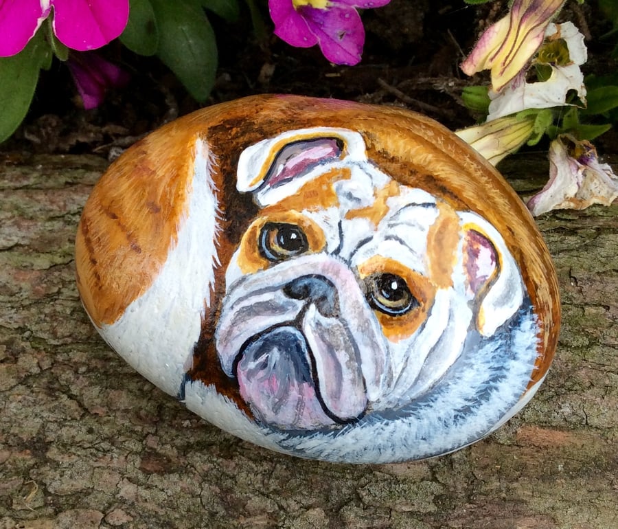 Original dog painting on pebble rock pet art bulldog 