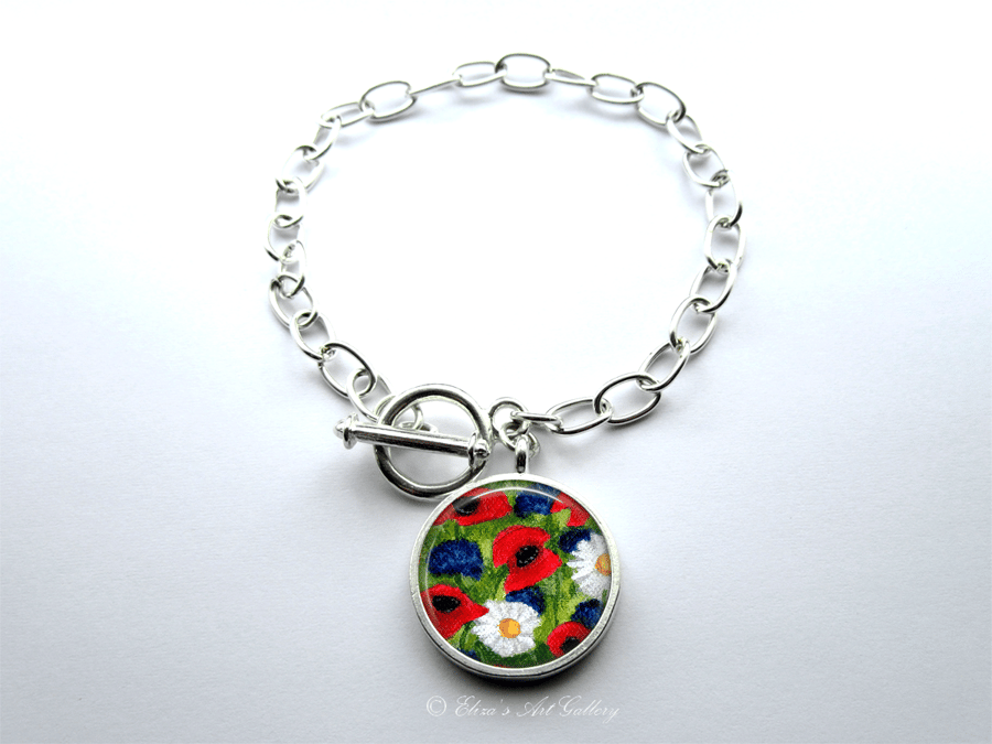 Poppy, Cornflower and Daisy Flower Art Large Link Charm Bracelet With Toggle
