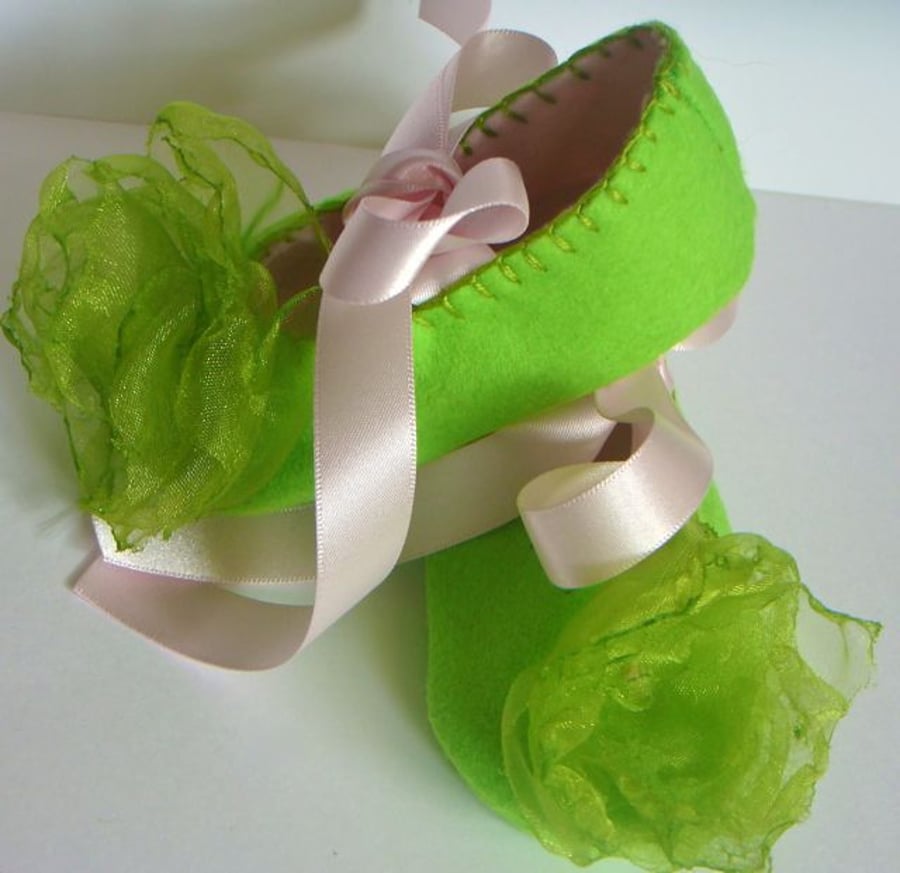 Lime Green and Baby Pink Felt Organza Flower Baby Shoes Small