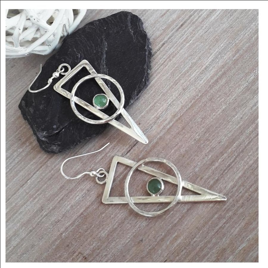 Geometric earrings Aventurine long triangle silver earrings