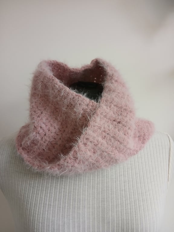 Hand crocheted pink cashmere twist cowl