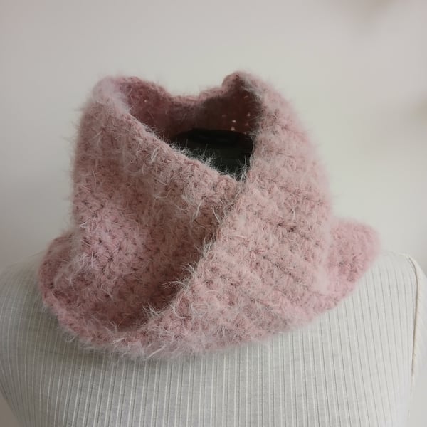 Hand crocheted pink cashmere twist cowl