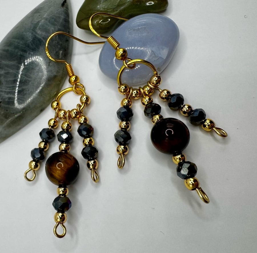 Black crystal and tigers eye beaded earrings
